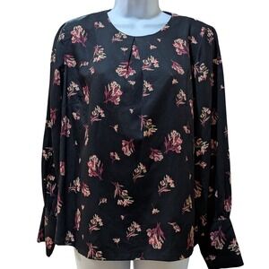 People Tree Black Floral Romantic Boho Long Sleeve Blouse Pleated Neck Size 10